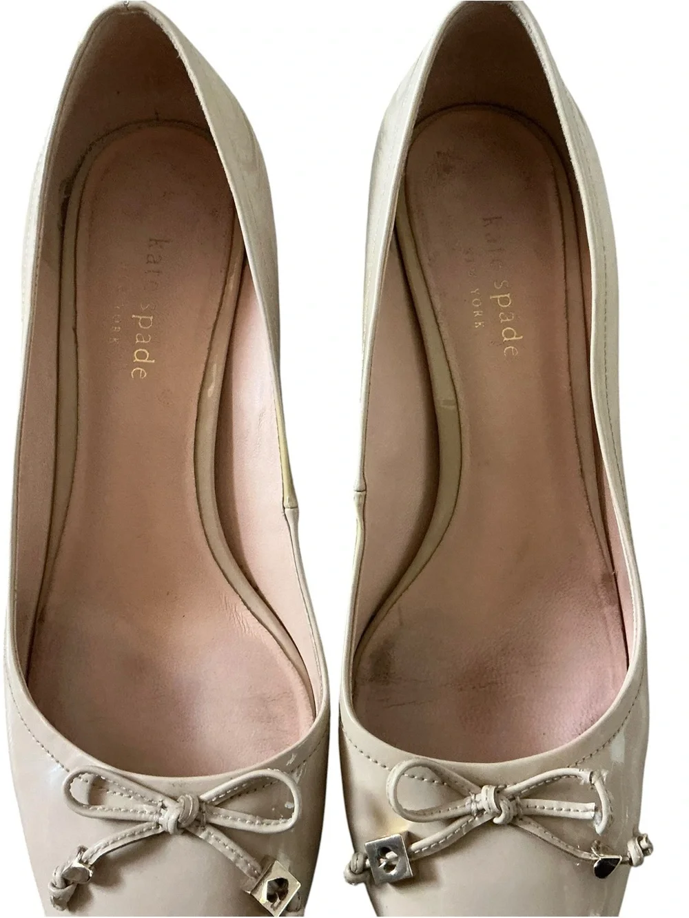 Kate spade Bev Bow pumps nude patent leather block mid heel size 7.5